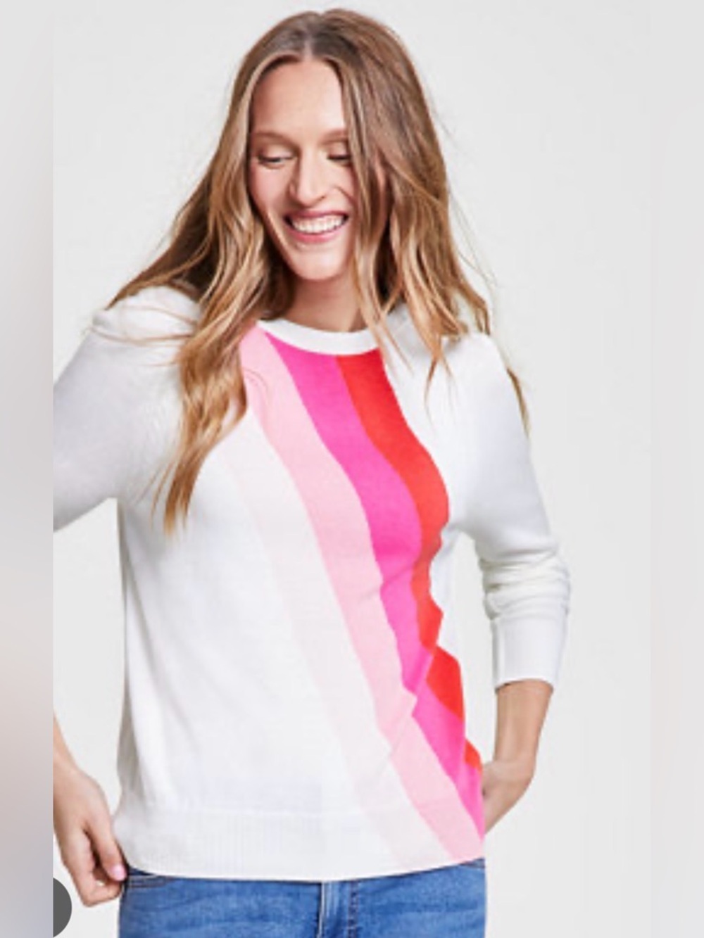 Tommy Hilfiger XL white-pink diagonal stripe crew neck cotton rib cuff sweater
